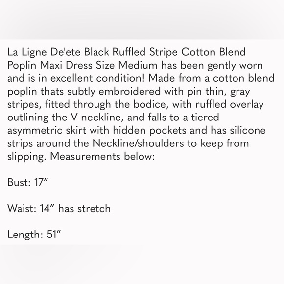 La Ligne De'ete Black Ruffled Stripe Cotton Blend Poplin Maxi Dress Size Medium - Picture 13 of 14